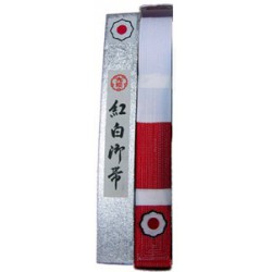 Cinturon rojo-blanco Kodokan con caja, fabricado en Japón.
