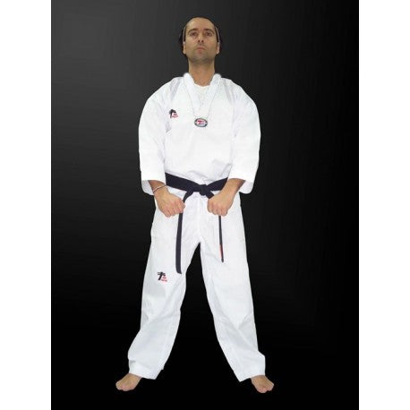 Dobok de COMPETICION cuello blanco bordado de tejido de relieve (como panilla).