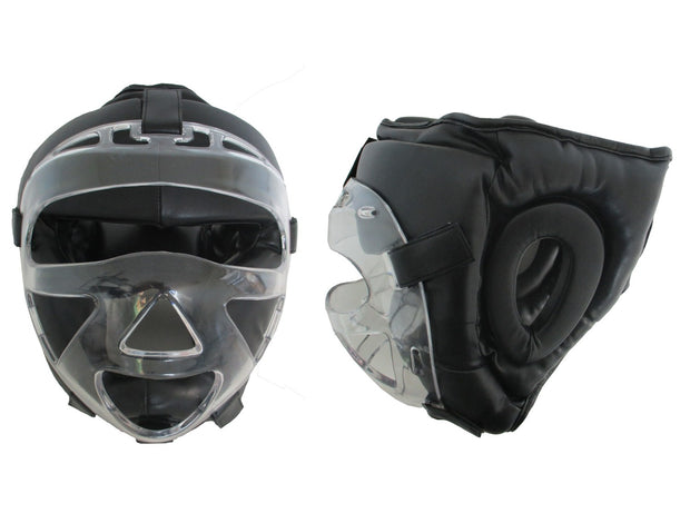 Casco con máscara transparente desmontable.